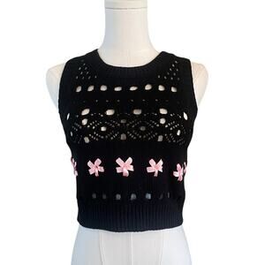 Coquette Y2K Black Cropped Knit Top - Pink Satin Ribbon Accents Size Small